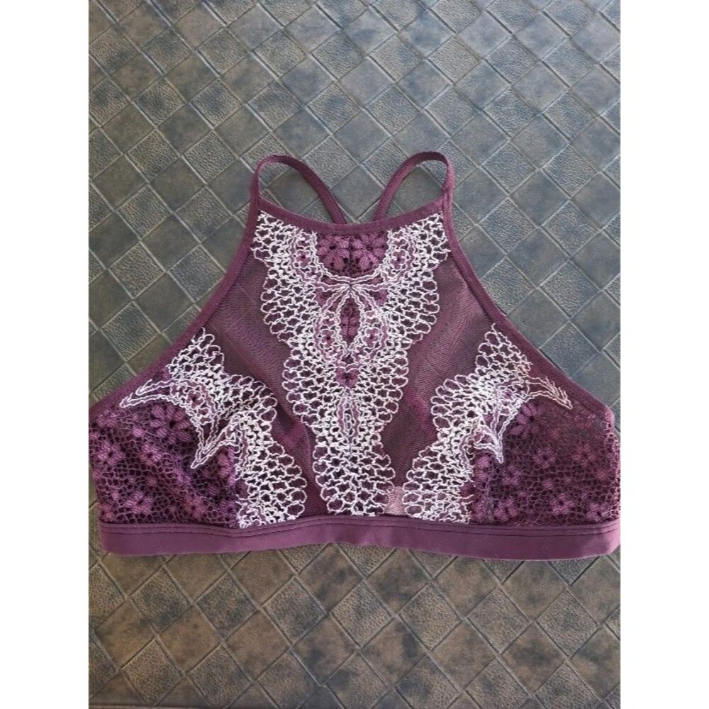 Victoria's Secret Y2K Plum High Neck Lace Bralette Sheer Mesh Embroidered S
